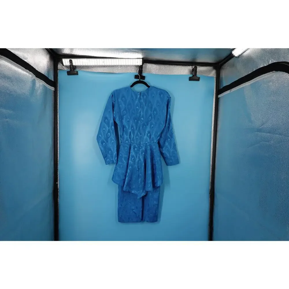 Vintage Blue Long sleeve Peplum Dress